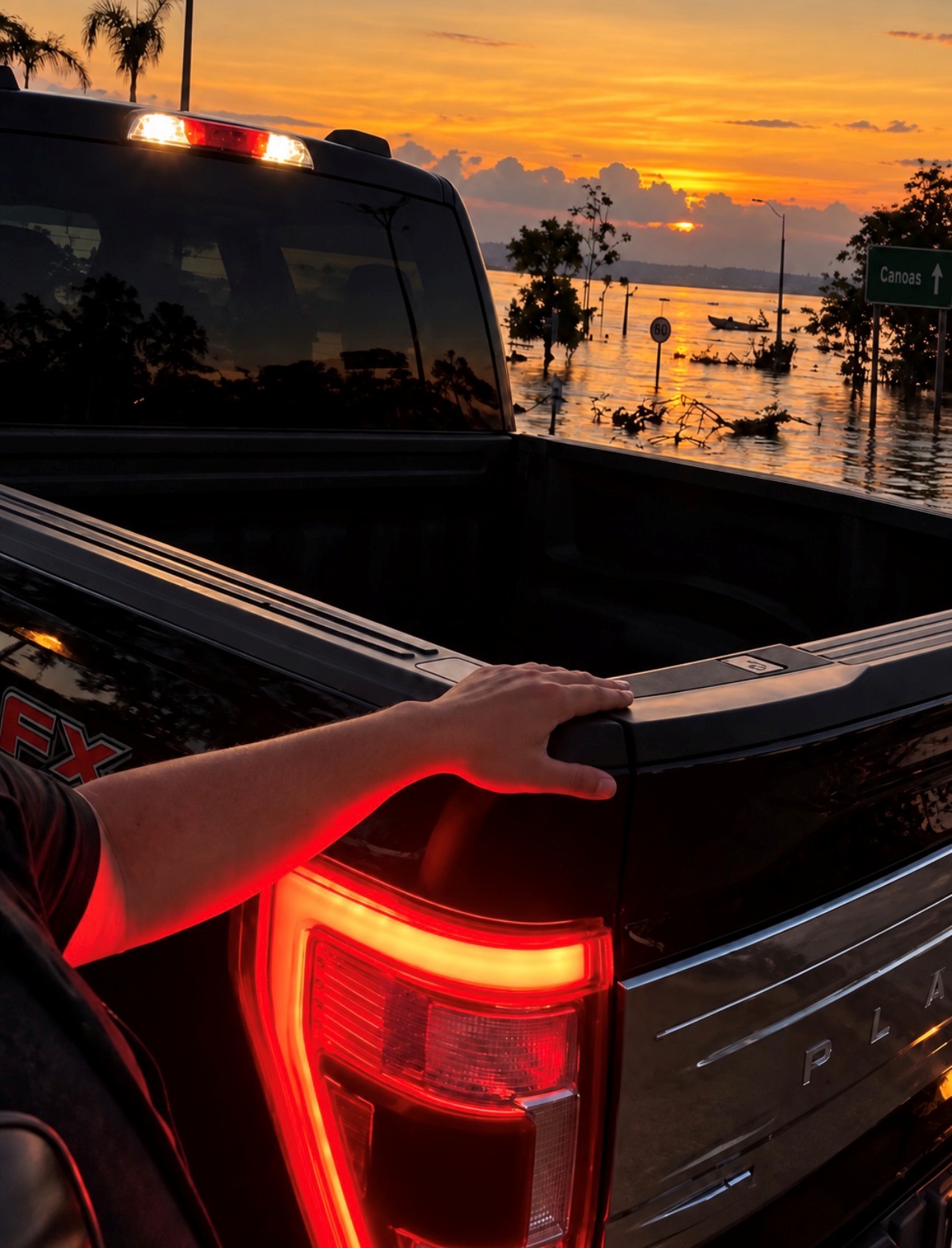 O jornalista Marcello Oliveira com a Ford F-150 na cobertura das enchentes no Rio Grande do Sul em 2024